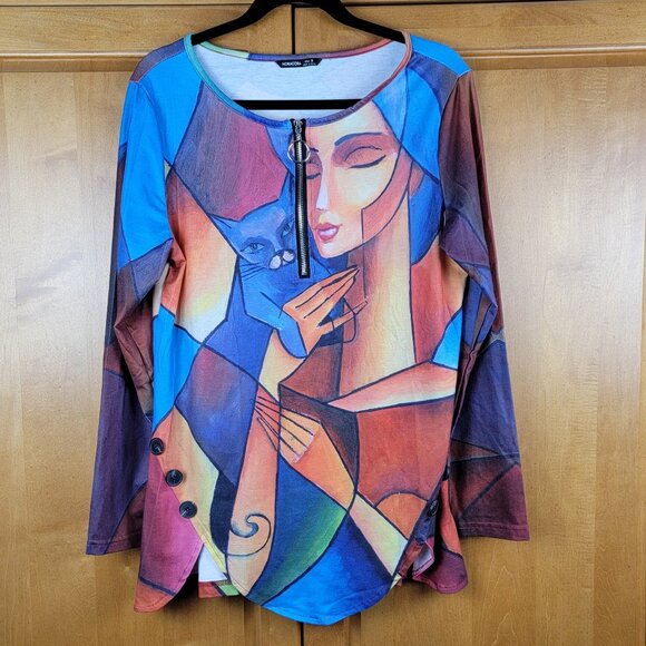 Casual Tunic Top with Abstract Cat Print Long Sleeves Zipper Closure - S - Picture 2 of 8